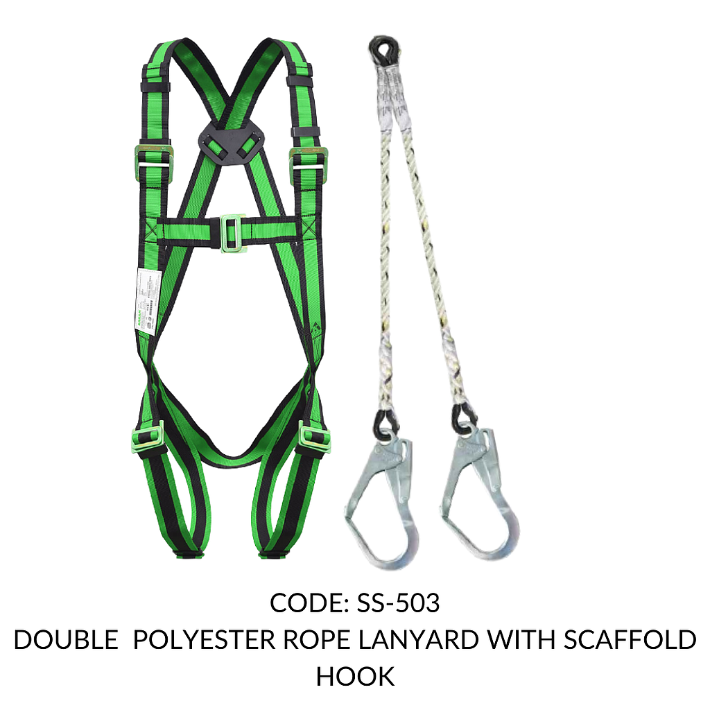 FULL BODY HARNESS FALL ARREST CLASS A WITH 1.8M DOUBLE POLYESTER ROPE LANYARD WITH SCAFFOLD HOOK