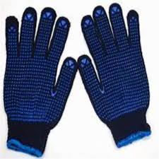 SINGLE SIDE DOTTED COTTON KNITTED BLUE GLOVES 80 GM BLUE DOTS